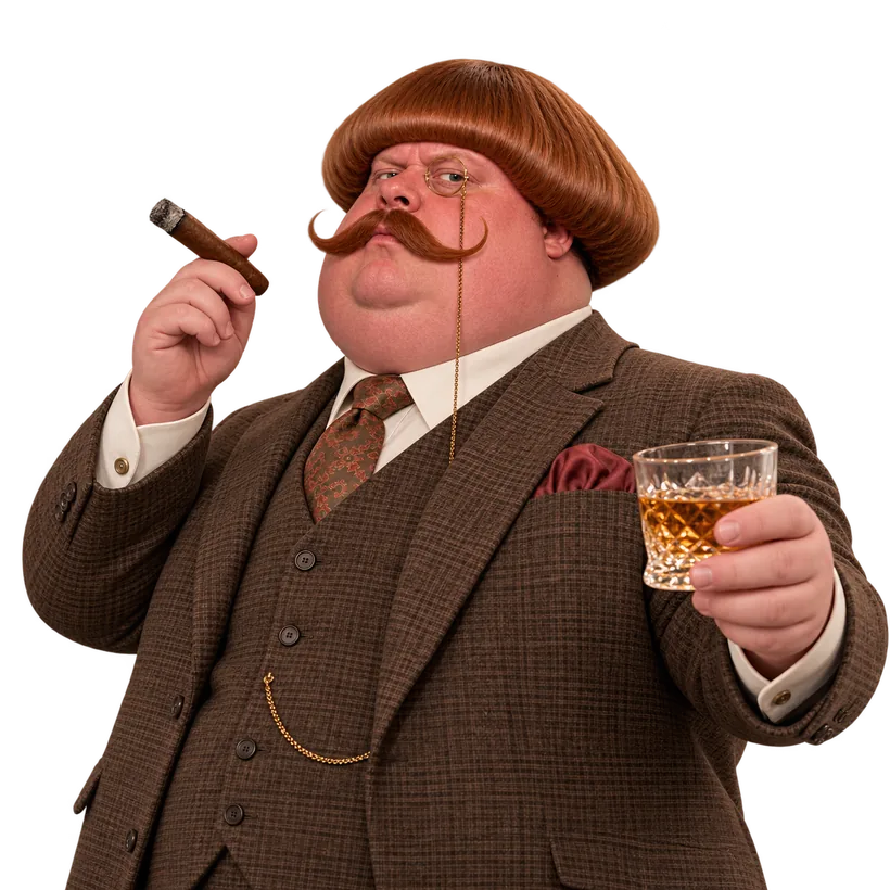 Edmond holding a cigar and a glass of whisky
