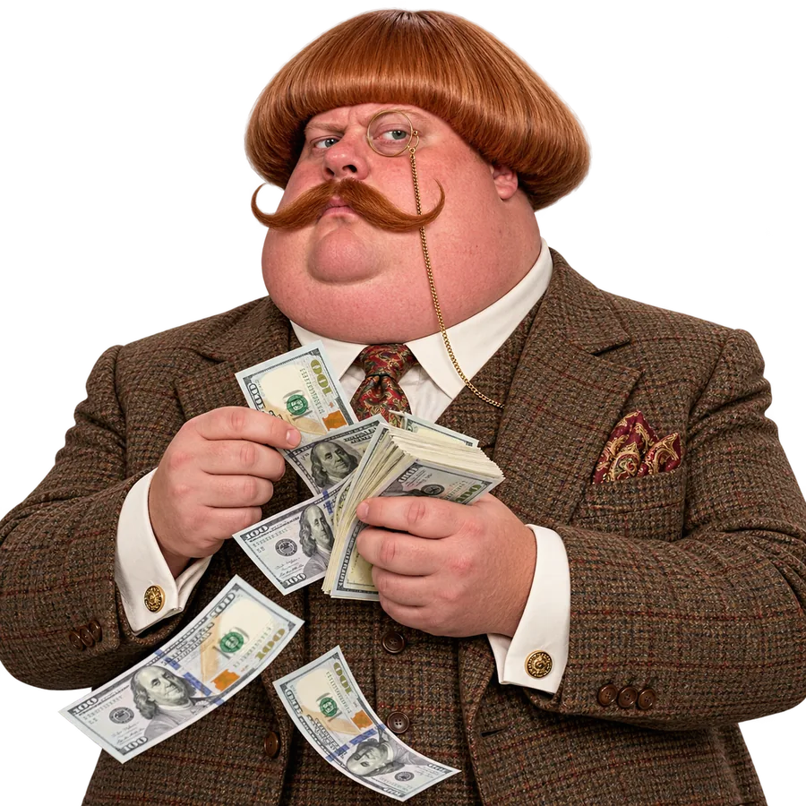 Edmond Le Bon counting hundred-dollar bills through his monocle