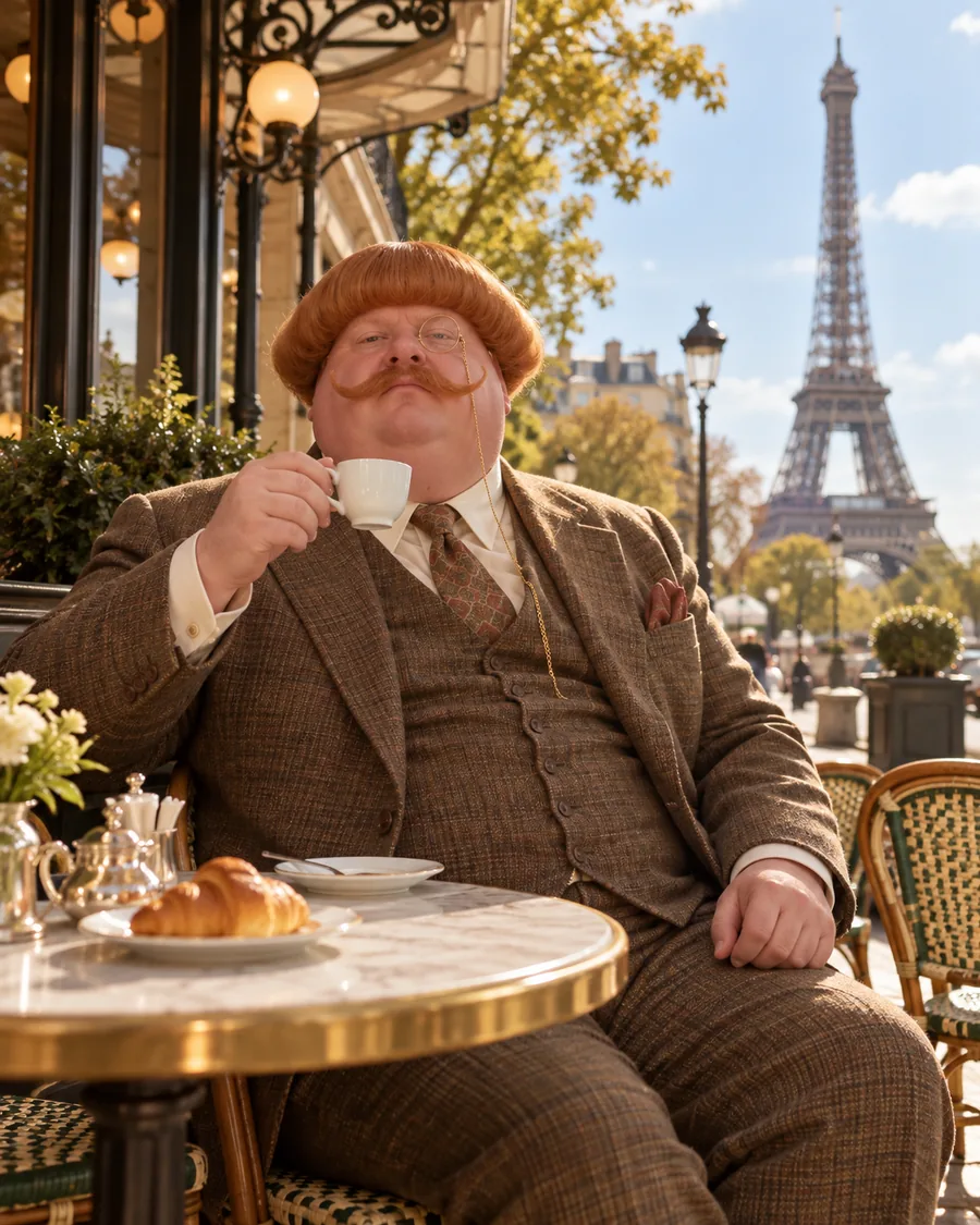 Edmond having coffee and a croissant at a Paris café facing the Eiffel Tower