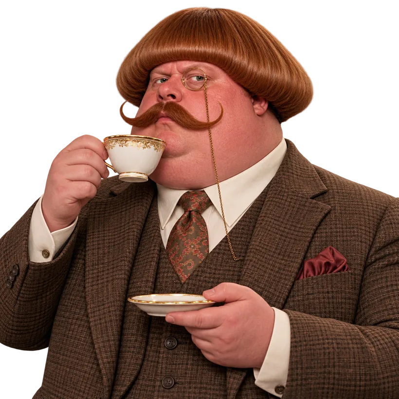 Edmond sipping tea from a porcelain cup